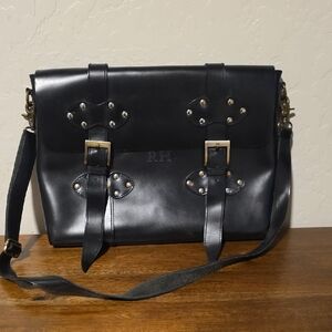 RESTORATION HARDWARE Western Style Black Leather Briefcase / Messenger Bag